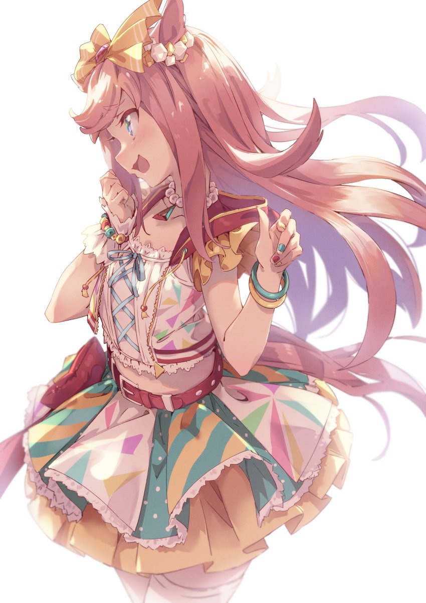 1girl absurdres agnes_digital_(umamusume) animal_ears belt blue_eyes blush bow commentary_request eva_mashiro hair_bow highres horse_ears horse_girl horse_tail long_hair looking_to_the_side midriff open_mouth pink_hair saliva simple_background skirt sleeveless solo tail umamusume white_background