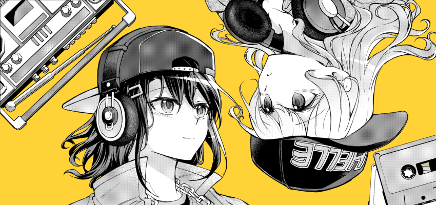 2girls bang_dream! baseball_cap blush cassette_player cassette_tape chain chain_necklace closed_mouth commentary_request greyscale_with_colored_background hat headphones highres jewelry long_hair looking_at_another lying matsubara_kanon multiple_girls necklace okusawa_misaki on_back opi parted_lips smile yellow_background