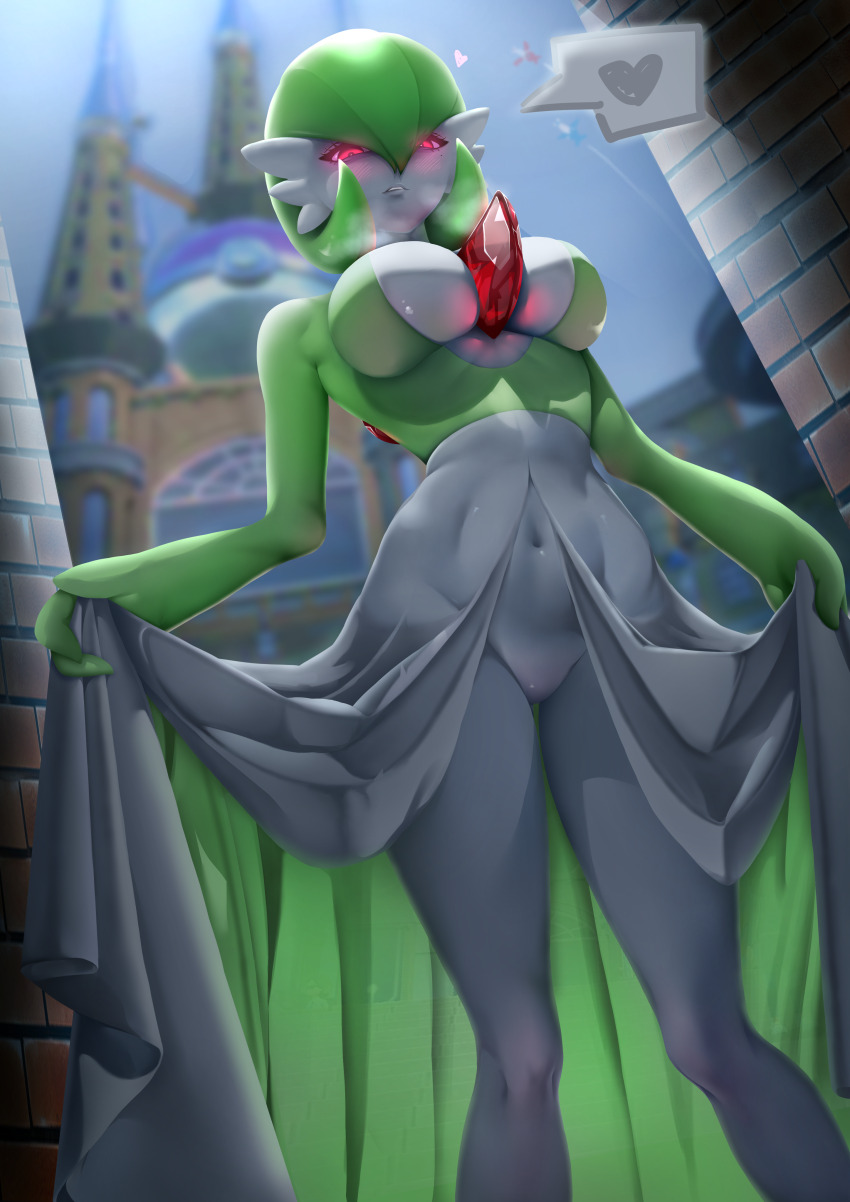 1girl blush bob_cut breasts breath castle colored_skin creatures_(company) dutch_angle female_focus game_freak gardevoir gen_3_pokemon glowing glowing_eyes green_hair green_skin groin hair_between_eyes half-closed_eyes heart in-universe_location large_breasts legs lifting_own_clothes loka135 looking_at_viewer mole mole_under_eye multicolored_skin navel nintendo no_pussy outdoors parted_lips pokemon pokemon_(creature) pokemon_sv red_eyes short_hair solo speech_bubble spoken_heart standing stomach teeth thighs two-tone_skin white_skin