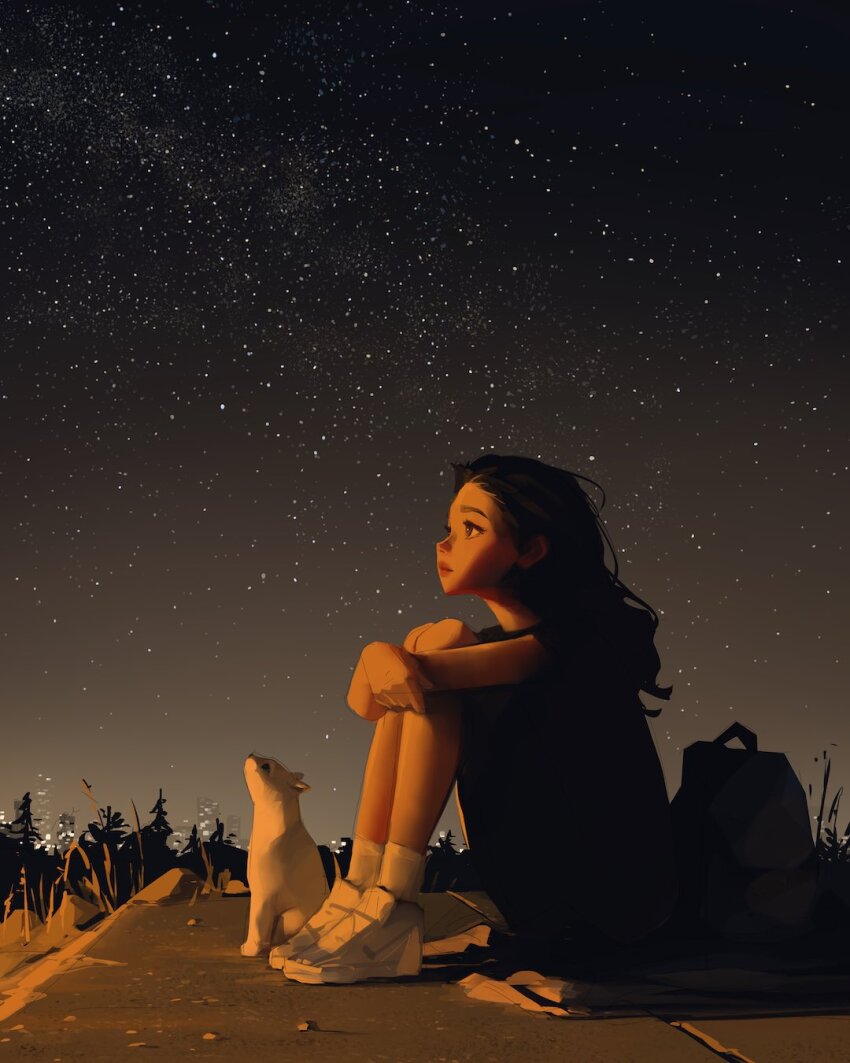 1girl animal backpack bag black_hair bookbag brown_eyes cat cityscape commentary concrete english_commentary from_side highres kneehighs long_hair looking_up night night_sky original sam_yang shadow shoes sitting sky sneakers socks star_(sky) starry_sky white_cat