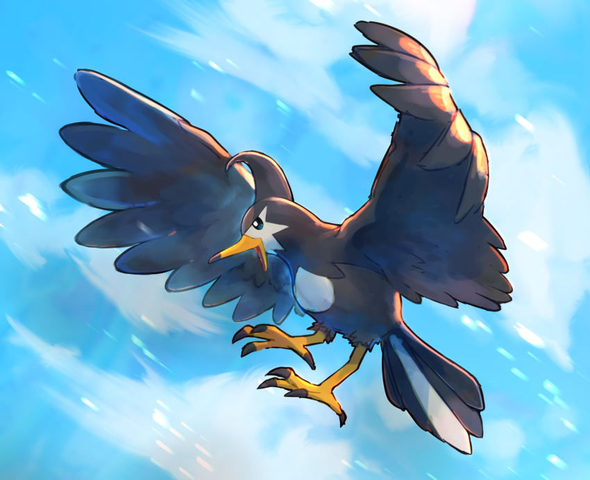 bird cloud commentary_request creatures_(company) day full_body game_freak gen_4_pokemon highres kikuyoshi_(tracco) nintendo no_humans open_mouth outdoors pokemon pokemon_(creature) sky solo staravia talons