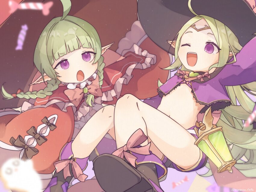 2girls :o ;d ahoge bare_legs belt black_footwear black_shorts blunt_bangs bow braid brooch candy capelet circlet dress fire_emblem fire_emblem_awakening fire_emblem_heroes food frilled_capelet frilled_dress frilled_sleeves frills gem ghost green_gemstone green_hair hair_bow halloween halloween_costume happy hat heart heart_brooch highres jewelry lantern legs_up long_hair medium_hair midriff mother_and_daughter multiple_girls nah_(fire_emblem) nah_(halloween)_(fire_emblem) navel nintendo nowi_(eternal_witch)_(fire_emblem) nowi_(fire_emblem) official_alternate_costume one_eye_closed open_mouth parted_bangs pink_dress pink_ribbon pointy_ears purple_eyes purple_hat purple_vest red_dress red_hat ribbon shorts simple_background smile sorane_amus stomach twin_braids very_long_sleeves vest white_belt witch_hat