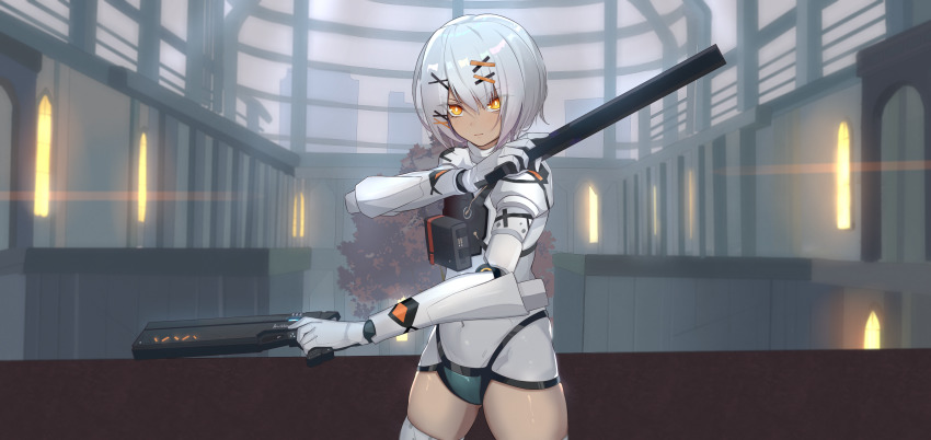 1girl absurdres covered_navel cowboy_shot cyborg dark-skinned_female dark_skin gun hair_ornament hairclip handgun highres indoors legs_apart orange_eyes pistol punishing:_gray_raven short_hair solo sophia_(pgr) tree weapon white_hair xiaoyu_chiaki