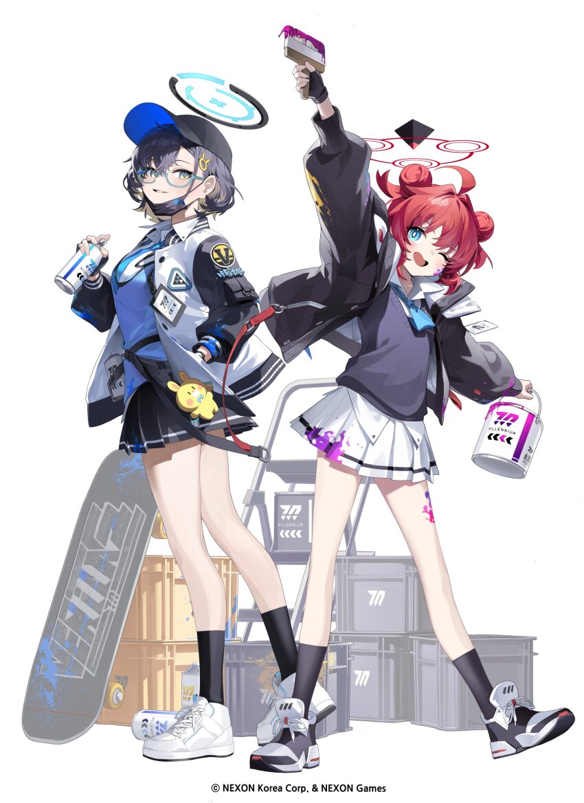 2girls absurdres ahoge amejaga black_gloves black_hair black_jacket black_skirt black_socks blue_archive blue_eyes chihiro_(blue_archive) copyright_notice cross-laced_footwear double_bun fingerless_gloves full_body glasses gloves hair_bun hair_ornament halo hat highres jacket ladder long_sleeves looking_at_viewer maki_(blue_archive) mask microskirt miniskirt mouth_mask multiple_girls official_art one_eye_closed open_clothes open_jacket paint paint_can paint_on_body paint_on_clothes paint_splatter paint_splatter_on_face paintbrush parted_lips pleated_skirt red_hair school_uniform semi-rimless_eyewear shoes short_hair simple_background single_glove skateboard skirt smile socks spray_can spray_paint standing stepladder white_background white_footwear white_jacket white_skirt