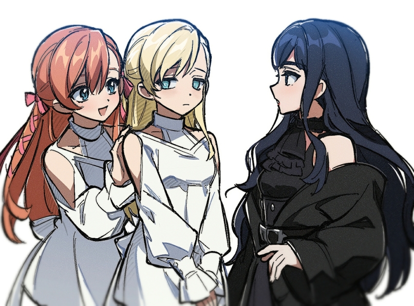 3girls :d ascot bare_shoulders black_ascot black_choker black_hair blonde_hair blue_eyes choker clothing_cutout collarbone dress dual_persona eye_contact final_fantasy final_fantasy_xiv frilled_choker frills from_side frown gaia_(ff14) hair_between_eyes hair_ribbon halter_dress halterneck hand_on_another&#039;s_shoulder hyur long_hair long_sleeves looking_at_another looking_away minfilia_warde multiple_girls off_shoulder open_mouth orange_hair own_hands_together ribbon ryne_waters shoulder_cutout sidelocks simple_background smile standing straight_hair upper_body v_arms wavy_hair white_background white_dress wide_sleeves wuliu_heihuo