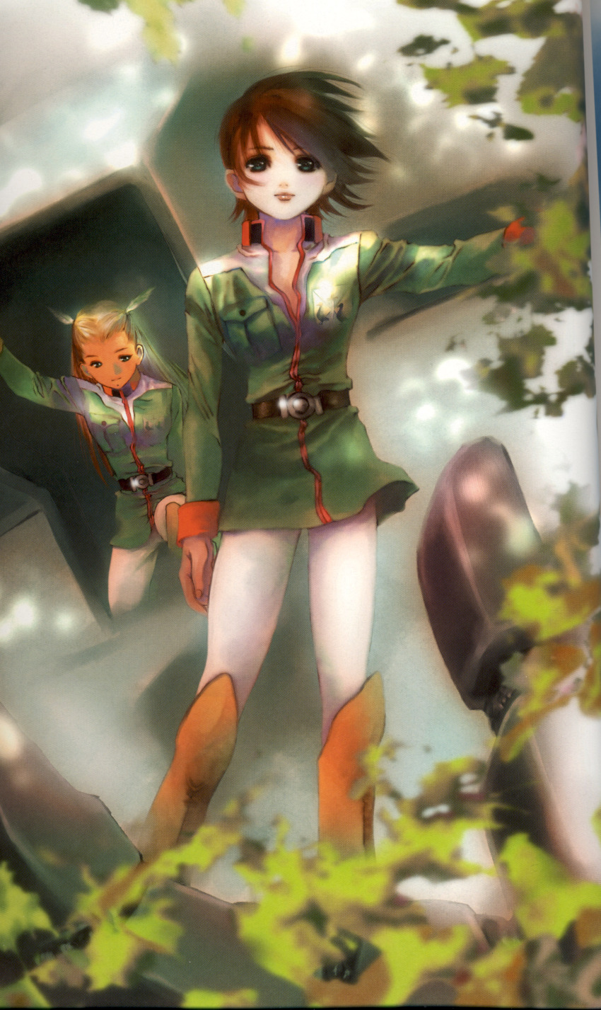 1girl absurdres asuna_elmarit belt blurry brown_hair buckle depth_of_field ecole_du_ciel female_focus gundam highres leaf long_sleeves looking_at_viewer mikimoto_haruhiko military military_uniform no_pants outdoors outstretched_arm short_hair solo standing