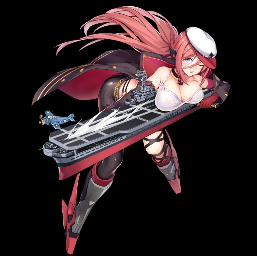 1girl aircraft airplane azur_lane bcat black_background blue_eyes breasts cleavage collarbone detached_sleeves flight_deck gun hat jacket large_breasts long_hair looking_at_viewer machine_gun machinery one_eye_closed open_mouth pants ranger_(azur_lane) red_hair solo tight_clothes tight_pants weapon