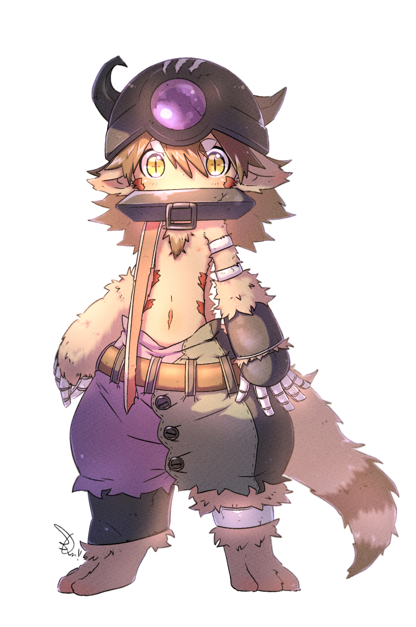 +_+ 1boy animal_ears ankle_cuffs arm_strap arms_at_sides bandam brown_fur brown_hair collar covered_mouth fake_horns full_body furrification furry furry_male hair_between_eyes helmet highres horned_helmet horns looking_at_viewer made_in_abyss mechanical_arms medium_hair reg_(made_in_abyss) shorts signature simple_background solo standing striped_tail tail topless_male white_background yellow_eyes