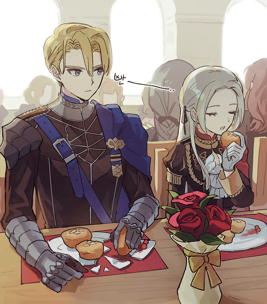 1boy 1girl blonde_hair blue_capelet blue_eyes blurry blurry_background broken_plate capelet closed_eyes closed_mouth commentary_request couple dimitri_alexandre_blaiddyd edelgard_von_hresvelg fire_emblem fire_emblem:_three_houses flower food garreg_mach_monastery_uniform gloves hair_between_eyes hair_ribbon hand_up highres holding holding_food ikaikakka indoors long_hair long_sleeves looking_to_the_side multiple_others nintendo open_mouth parted_bangs plate purple_ribbon red_capelet red_flower red_rose ribbon rose short_hair sitting table vase white_gloves white_hair