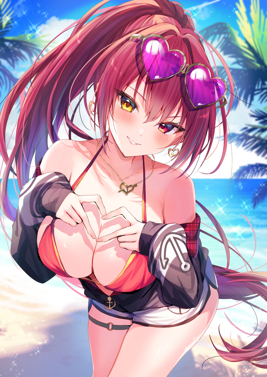 1girl absurdres bare_shoulders breasts highres hololive houshou_marine large_breasts long_hair nenobi_(nenorium) outdoors ponytail red_eyes red_hair smile solo swimsuit virtual_youtuber yellow_eyes