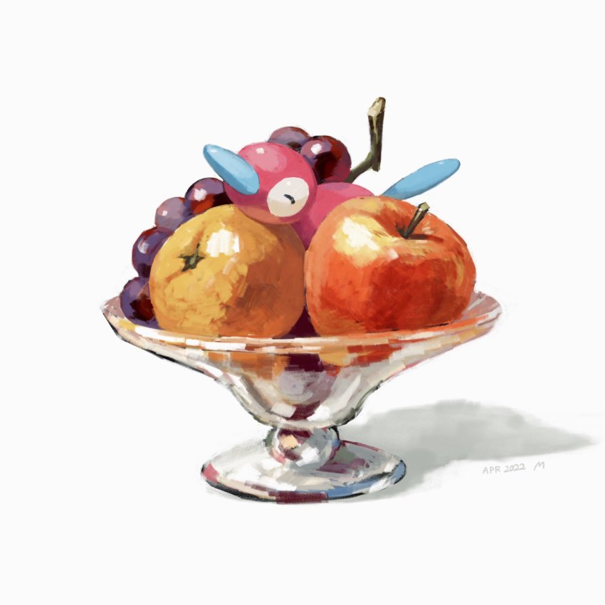 apple bowl closed_eyes commentary creatures_(company) dated food fruit game_freak gen_2_pokemon grapes highres in_bowl in_container mokuzou_(moku_ssbu) nintendo no_humans orange_(fruit) pokemon pokemon_(creature) porygon2 signature solo symbol-only_commentary white_background