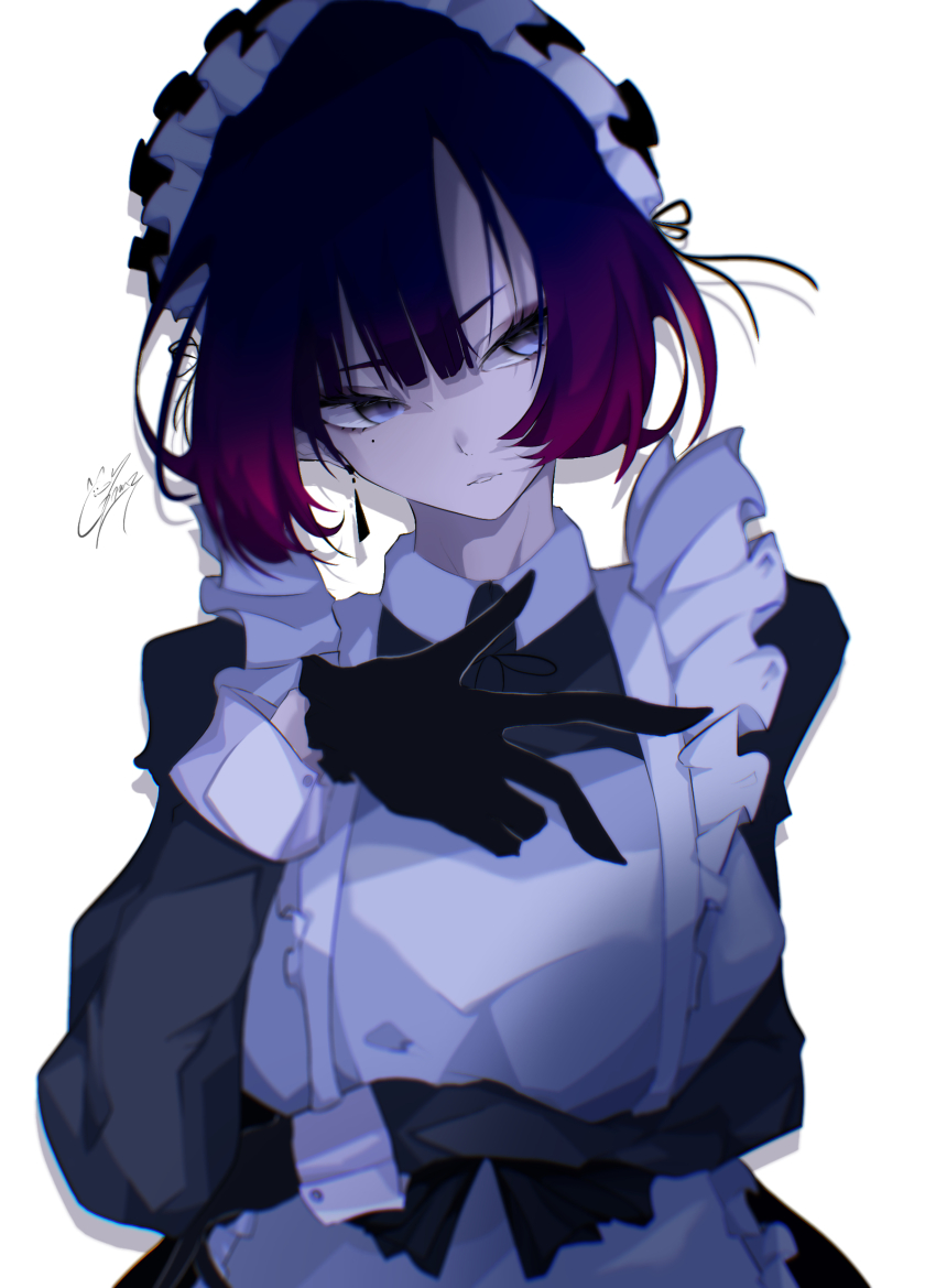 1girl arm_under_breasts black_gloves black_hair breasts collared_shirt eyebrows_hidden_by_hair gloves goma_irasuto gradient_hair grey_eyes highres maid maid_headdress medium_breasts mole mole_under_eye multicolored_hair original parted_lips purple_hair shirt solo tsurime white_background