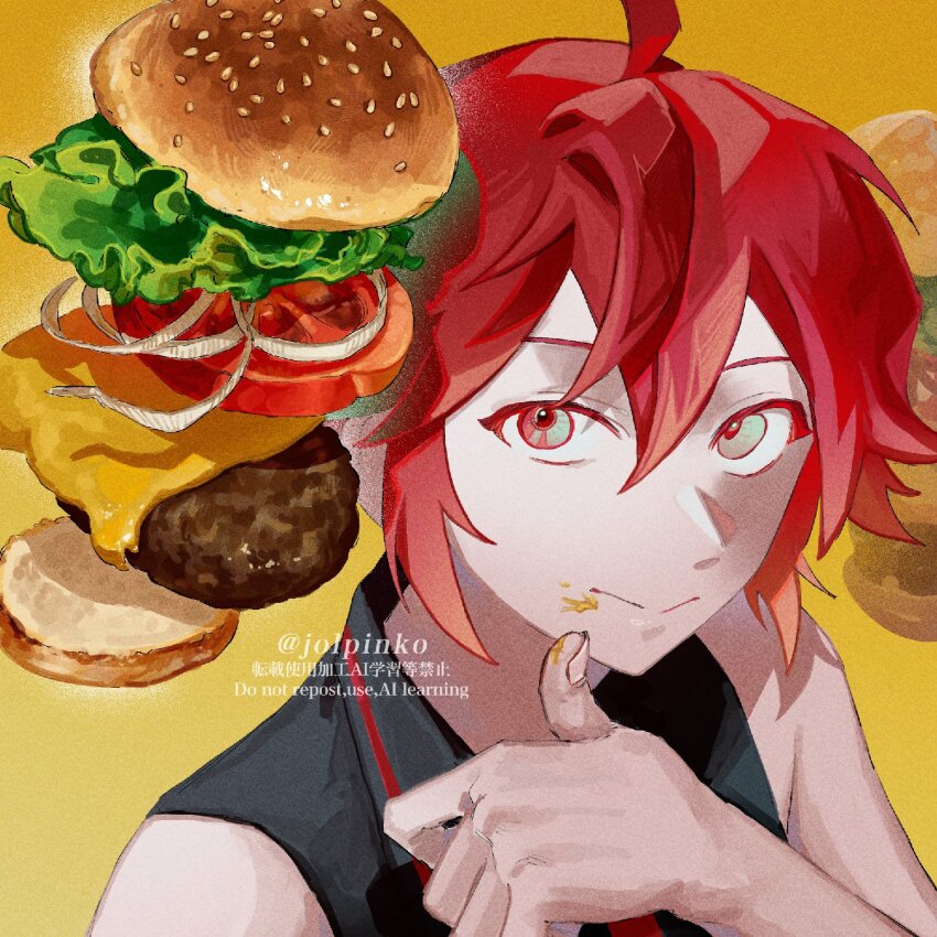 1girl ahoge alternate_eye_color bare_shoulders black_shirt burger closed_mouth collared_shirt drill_hair floating_food food food-themed_hair food_on_face green_eyes hair_between_eyes hand_up highres jolp_(jolpinko) kasane_teto looking_at_viewer mustard no_detached_sleeves portrait red_hair shirt sleeveless sleeveless_shirt smile solo thumb_to_mouth twin_drills utau watermark wiping_mouth yellow_background