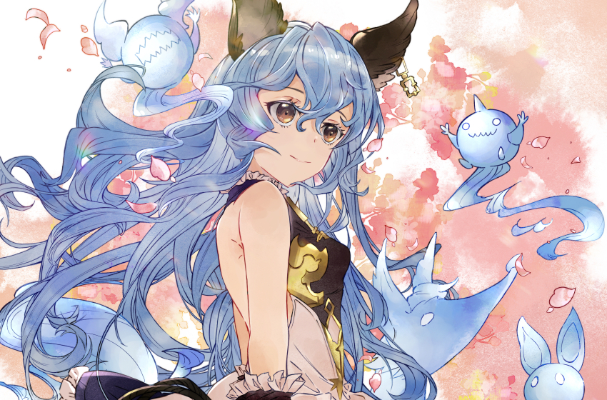 1girl animal_ears backless_dress backless_outfit bare_back bare_shoulders black_gloves blue_hair breasts brown_eyes dress earrings erune ferry_(granblue_fantasy) frilled_gloves frills fugee_(granblue_fantasy) geegee_(granblue_fantasy) ghost gloves granblue_fantasy grerey.xx highres hoop_earrings jewelry long_hair nicola_(granblue_fantasy) rabbit_ears single_earring skirt small_breasts wavy_hair