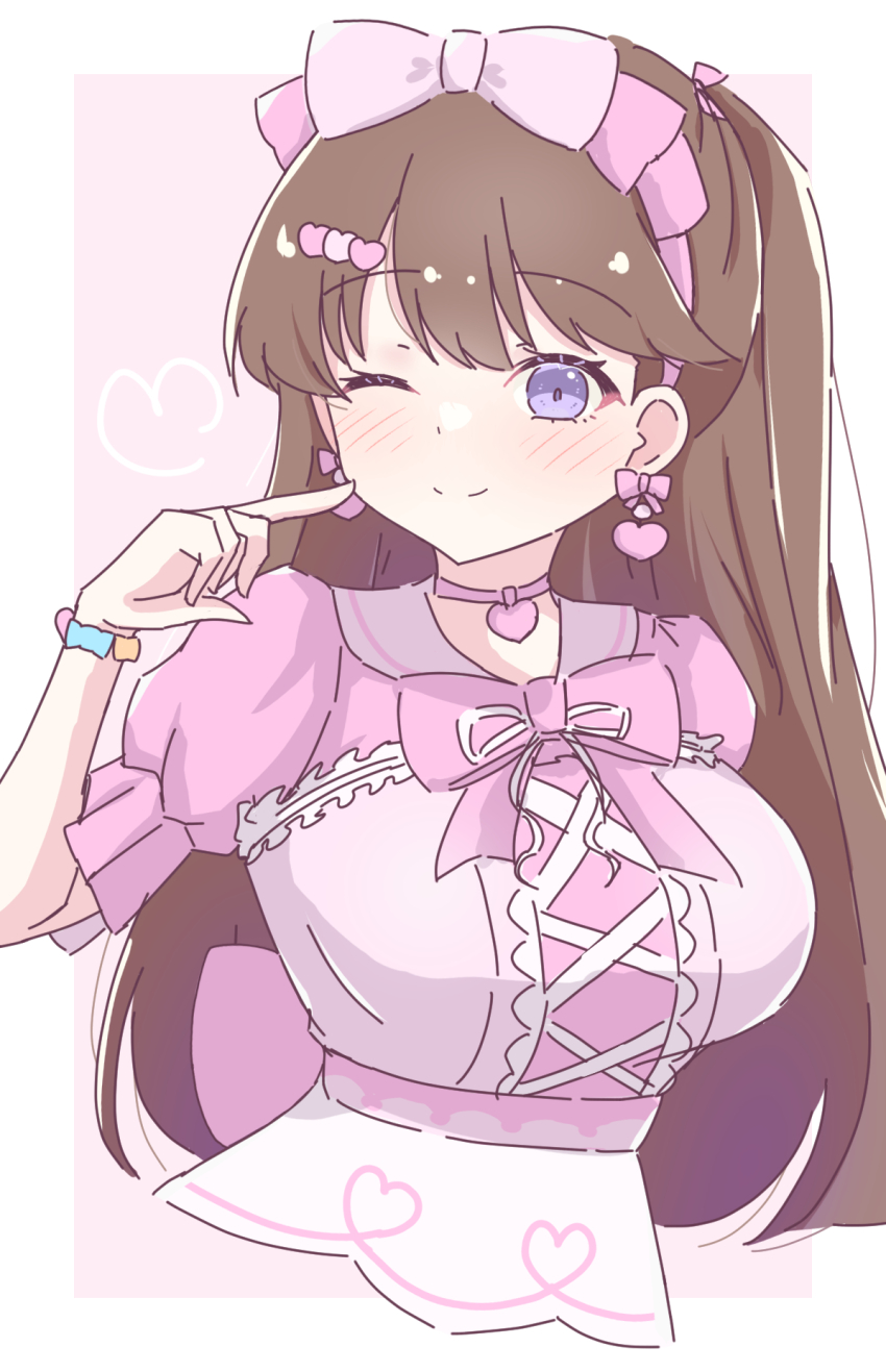 1girl ;) bad_id bad_twitter_id blush border bow bow_earrings bow_hairband breasts brown_hair closed_mouth cropped_torso cross-laced_clothes cross-laced_dress dress dress_bow earrings finger_to_cheek fujishima_megumi hairband heart heart_earrings highres jewelry large_breasts link!_like!_love_live! long_hair looking_at_viewer love_live! one_eye_closed outside_border pink_background pink_bow pink_dress pink_hairband puffy_short_sleeves puffy_sleeves purple_eyes rokoroko_65 short_sleeves simple_background smile solo split_mouth two_side_up upper_body virtual_youtuber white_border