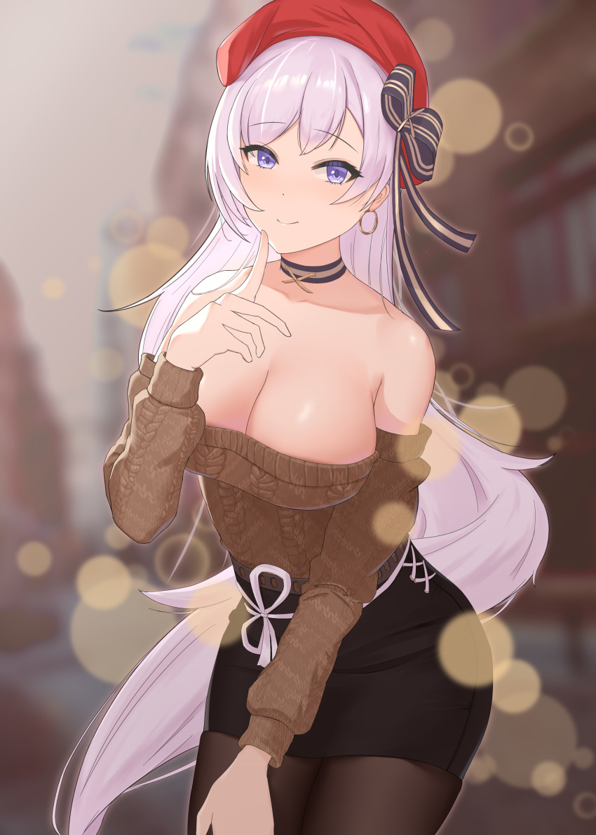 1girl absurdres azur_lane bare_shoulders belfast_(azur_lane) belfast_(shopping_with_the_head_maid)_(azur_lane) beret black_choker black_pantyhose black_skirt bow breasts brown_sweater choker cleavage commentary cowboy_shot earrings hat hat_bow highres hoop_earrings jewelry large_breasts lens_flare long_hair long_sleeves looking_at_viewer miniskirt ningri_(lianyungangwyz) off-shoulder_sweater off_shoulder official_alternate_costume pantyhose pencil_skirt purple_eyes red_hat silver_hair skirt smile solo standing sweater very_long_hair