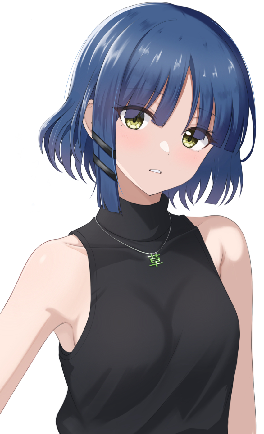 1girl absurdres bare_arms bare_shoulders black_shirt blue_hair blush bocchi_the_rock! breasts collarbone commentary_request covered_collarbone eyes_visible_through_hair hair_between_eyes hair_ornament hairclip highres jewelry looking_at_viewer makise_(mix020511) medium_breasts mole mole_under_eye necklace shirt short_hair simple_background sleeveless sleeveless_shirt sleeveless_turtleneck solo t-shirt teeth translated turtleneck upper_body white_background yamada_ryo yellow_eyes