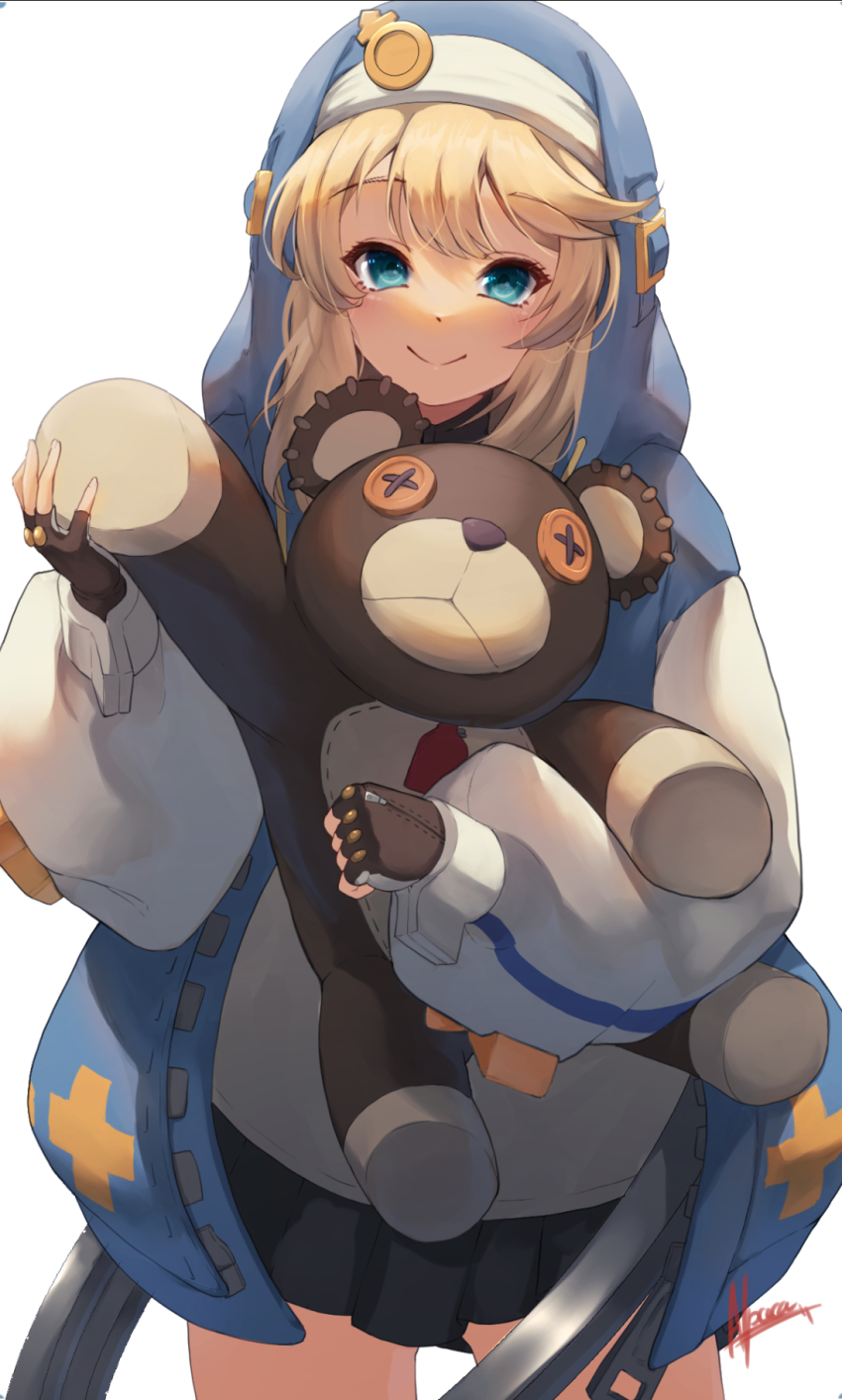 1boy alpaca_(alpaca00011) androgyne_symbol black_gloves blonde_hair blue_eyes blue_jacket blush bridget_(guilty_gear) fingerless_gloves gloves guilty_gear guilty_gear_strive habit hair_between_eyes highres hood hoodie jacket looking_at_viewer male_focus medium_hair open_mouth pleated_skirt roger_smith shorts sidelocks skirt smile solo trap