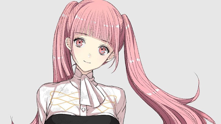 1girl closed_mouth female_focus fire_emblem fire_emblem:_three_houses garreg_mach_monastery_uniform grey_background hilda_valentine_goneril long_hair looking_at_viewer matching_hair/eyes nintendo pink_eyes pink_hair roroichi simple_background smile solo twintails upper_body