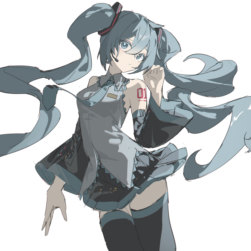 1girl absurdres bare_shoulders breast_pocket floating_neckwear hatsune_miku highres necktie pocket qtian solo twintails vocaloid white_background