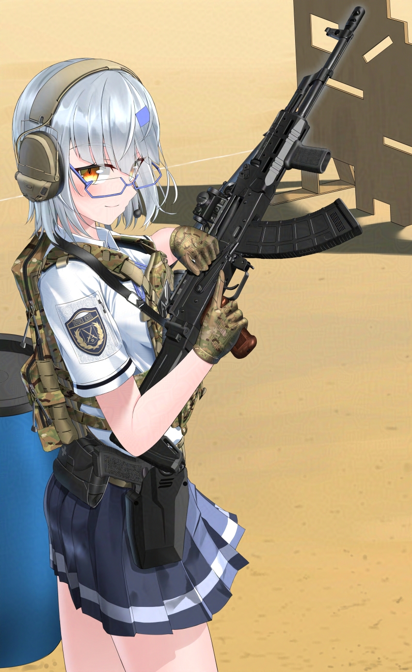 1girl absurdres akm assault_rifle glasses gloves grey_hair gun handgun headphones highres hiiragi_senri holding holding_gun holding_weapon holster kalashnikov_rifle light_smile looking_at_viewer medium_hair original pleated_skirt rifle school_uniform short_sleeves skirt solo weapon yellow_eyes