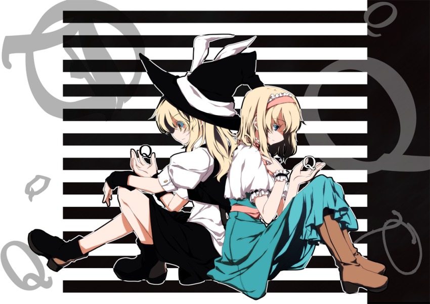 2girls alice_margatroid blonde_hair blue_eyes bow female_focus frills hairband hat hat_bow kirisame_marisa multiple_girls namatarou sitting touhou witch_hat wrist_cuffs yellow_eyes