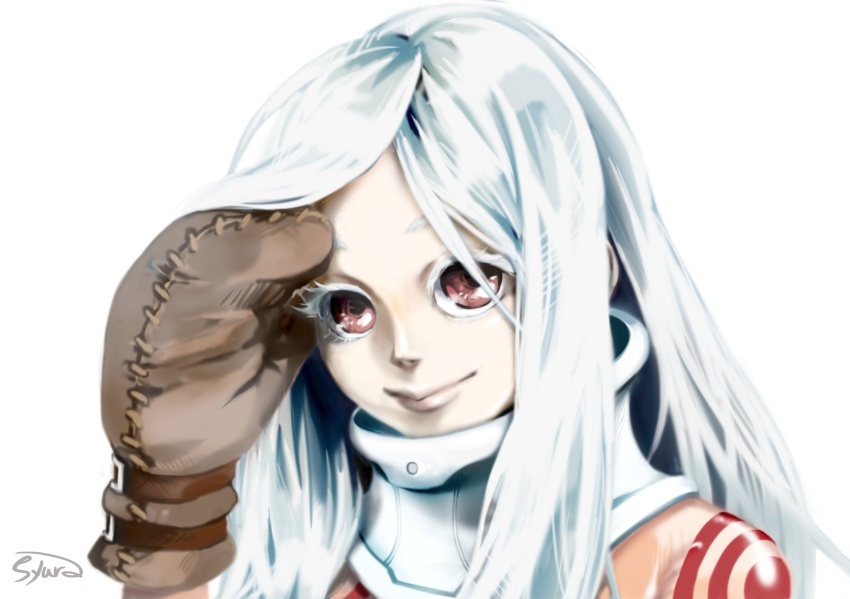 1girl albino bodysuit collar colored_eyelashes deadman_wonderland female_focus gloves highres kamata_yu-ki long_hair mittens red_eyes shiro_(deadman_wonderland) solo white_hair