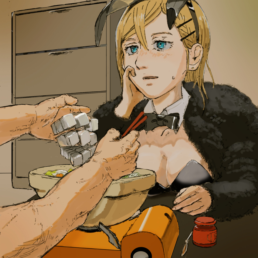 1girl animal_ear_headwear animal_ears bansou black_bow black_bowtie blonde_hair blue_eyes bow bowl bowtie breasts cabinet chopsticks cleavage cooking cooking_pot ear_piercing fake_animal_ears file_cabinet food hand_on_own_face highres holding holding_chopsticks koda_minare leotard medium_breasts nami_yo_kiite_kure open_mouth piercing playboy_bunny rabbit_ears soy_sauce_bottle tofu