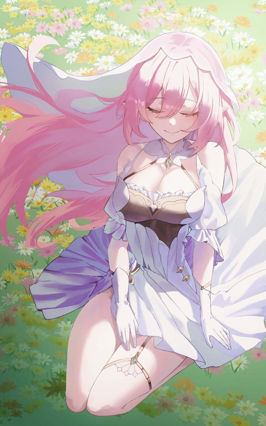 1girl absurdres bare_shoulders breasts cleavage closed_eyes closed_mouth clothing_cutout collar commentary dress elysia_(honkai_impact) field floating_hair flower flower_field from_above gloves grass hair_between_eyes halterneck hand_on_lap highres honkai_(series) honkai_impact_3rd hyume_26 large_breasts long_hair official_alternate_costume pink_hair pointy_ears shoulder_cutout sitting smile solo veil wariza white_collar white_dress white_gloves white_sleeves white_veil