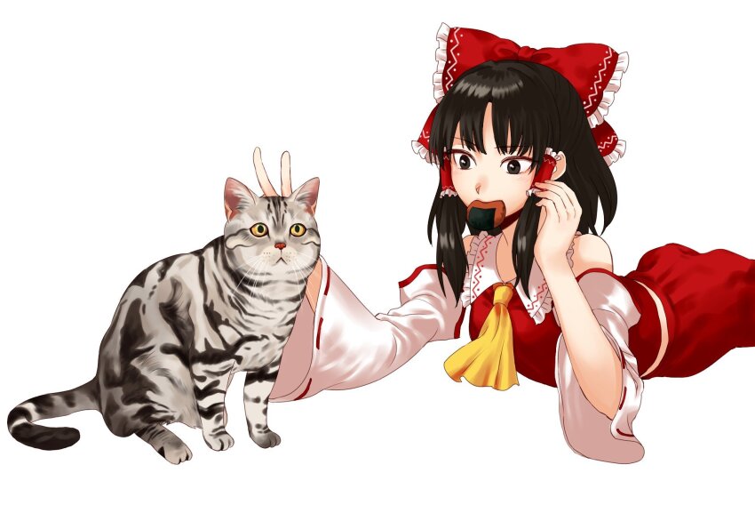 1girl animal ascot black_eyes black_hair bow breasts cat detached_sleeves eating food food_in_mouth frilled_bow frilled_hair_tubes frills grey_cat hair_bow hair_tubes hakurei_reimu highres kuya_(hey36253625) long_hair looking_at_animal lying mouth_hold on_stomach parted_bangs red_bow red_skirt ribbon-trimmed_sleeves ribbon_trim senbei skirt small_breasts solo touhou v whiskers white_background wide_sleeves yellow_ascot