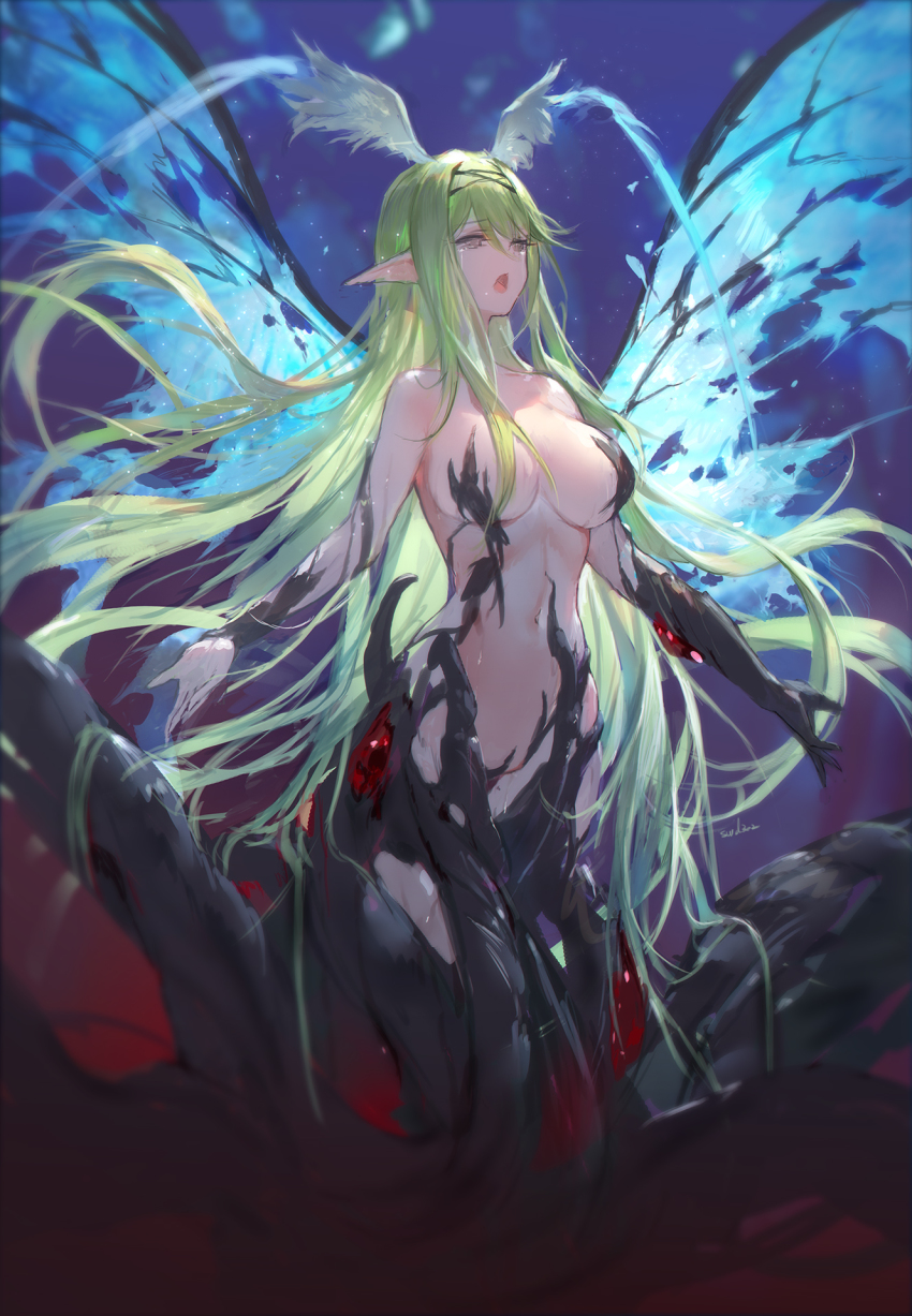 1girl :o breasts butterfly_wings cleavage grey_hair head_wings highres insect_wings large_breasts long_hair navel open_mouth original pointy_ears solo swd3e2 tagme wings