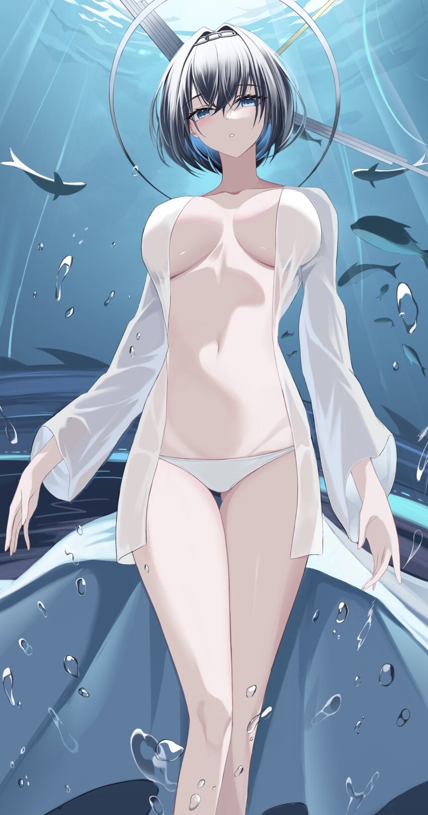 1girl absurdres aliez aquarium arms_at_sides blue_eyes blue_hair breasts bubble caustics chain chain_hairband clock_hands collarbone colored_inner_hair contrapposto cropped_legs fish gluteal_fold groin hair_between_eyes hair_intakes halo hashtag-only_commentary highres hololive hololive_english large_breasts light_rays long_sleeves mechanical_halo multicolored_hair navel open_clothes open_mouth open_shirt ouro_kronii panties revealing_clothes see-through_clothes shirt short_hair thigh_gap two-tone_hair underwear virtual_youtuber water white_panties white_shirt wide_sleeves