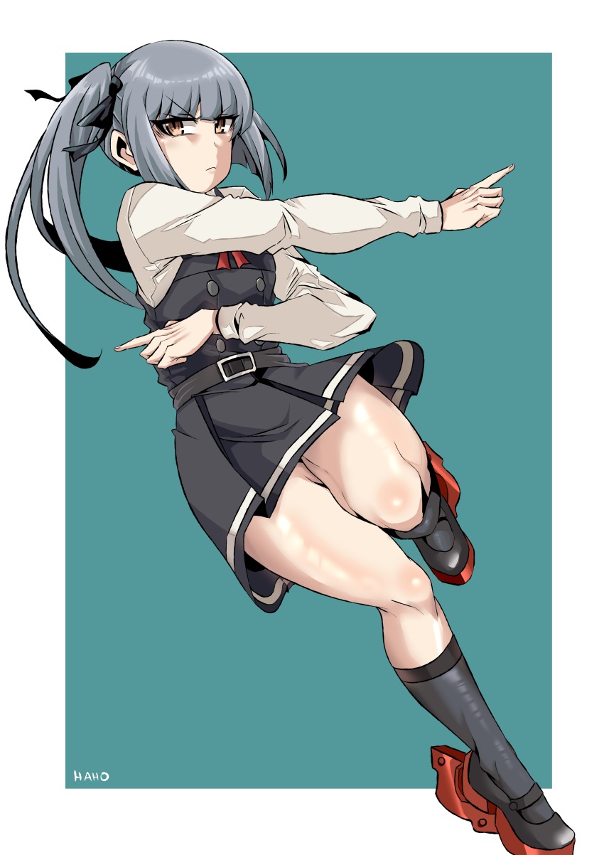 absurdres aqua_background artist_name belt black_ribbon black_socks breasts buttons dress full_body grey_hair haho hair_ribbon high_heels highres kantai_collection kasumi_(kancolle) kasumi_kai_ni_(kancolle) kneehighs long_hair long_sleeves looking_at_viewer neck_ribbon pinafore_dress red_ribbon ribbon school_uniform shaded_face shirt side_ponytail sleeveless sleeveless_dress small_breasts socks standing two-tone_background white_background white_shirt yellow_eyes