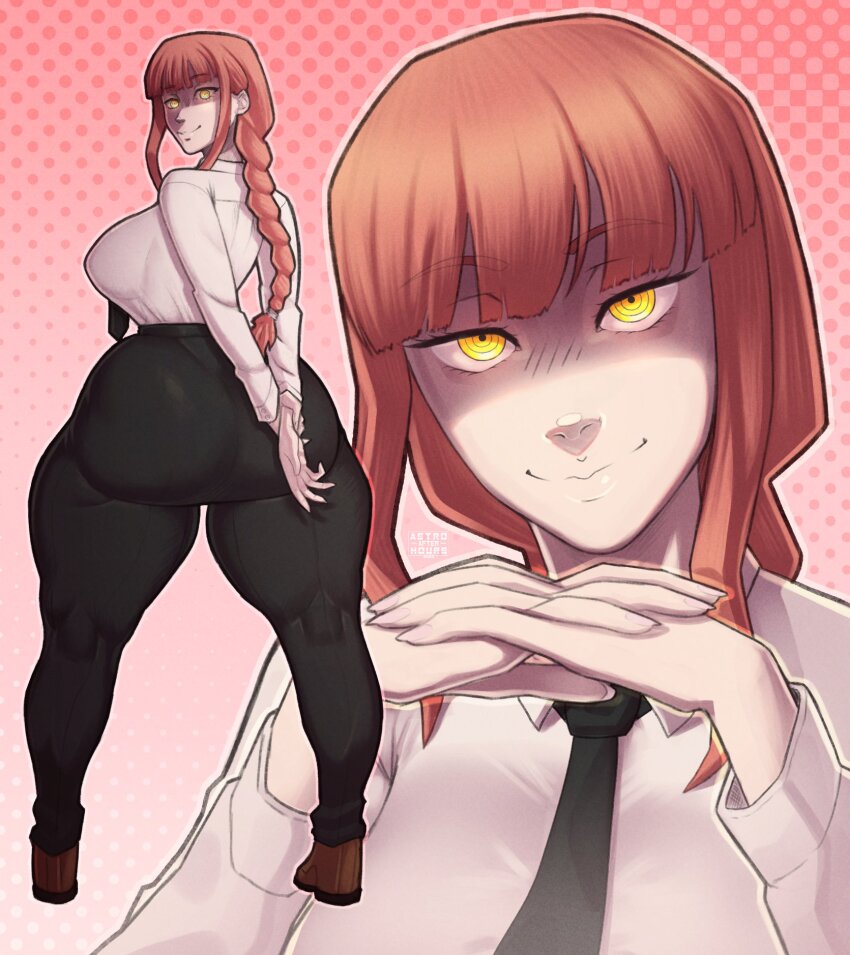 1girl arms_behind_back ass black_necktie black_pants braid breasts chainsaw_man curvy highres huge_ass ignantastro large_breasts long_hair looking_at_viewer makima_(chainsaw_man) necktie pants red_hair shirt shoes smile solo thick_thighs thighs tight_clothes tight_pants white_shirt wide_hips yellow_eyes