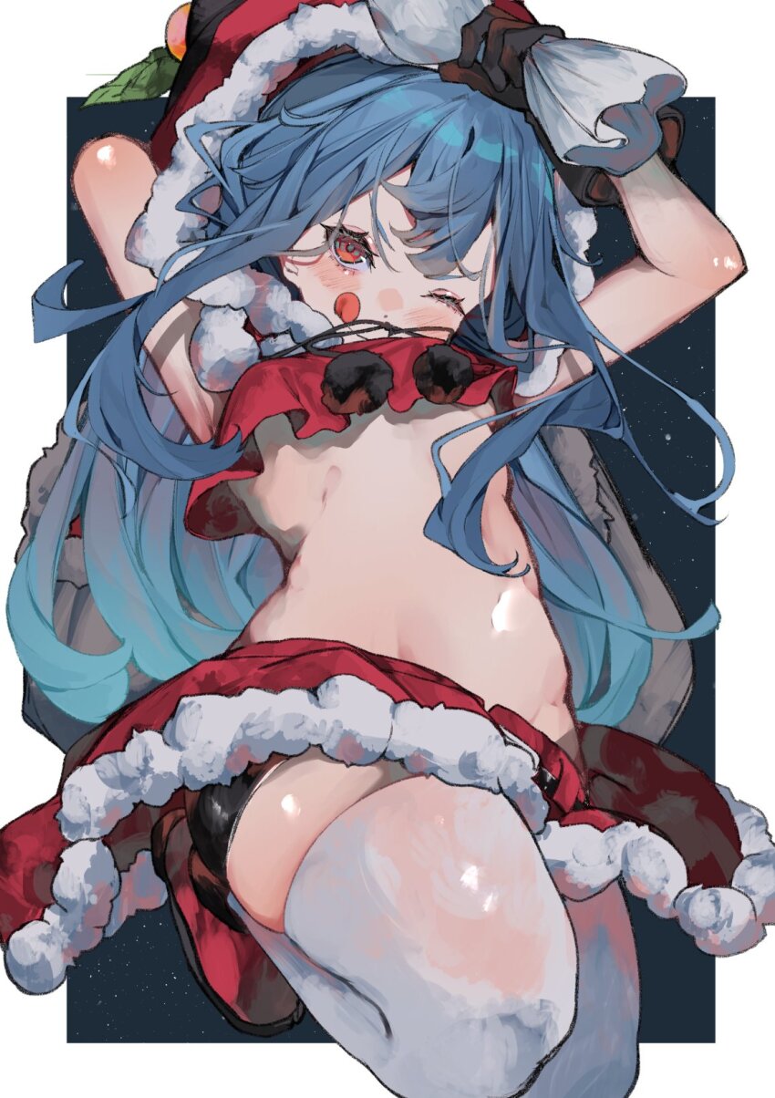 1girl ;q alternate_costume arms_up border dress fur_trim highres hinanawi_tenshi one_eye_closed santa_dress simple_background solo tongue tongue_out touhou tsune_(tune)