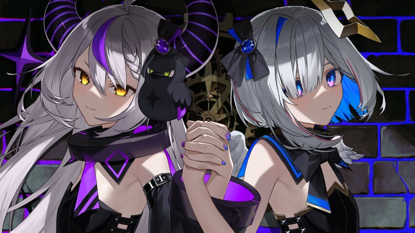 2girls absurdres amane_kanata blue_hair blue_nails brick_wall colored_inner_hair crow_(la+_darknesss) fujishiro74 grey_hair highres holding holding_hands hololive la+_darknesss long_hair looking_at_viewer multicolored_hair multiple_girls nail_polish purple_eyes purple_hair purple_nails short_hair smile streaked_hair virtual_youtuber yellow_eyes