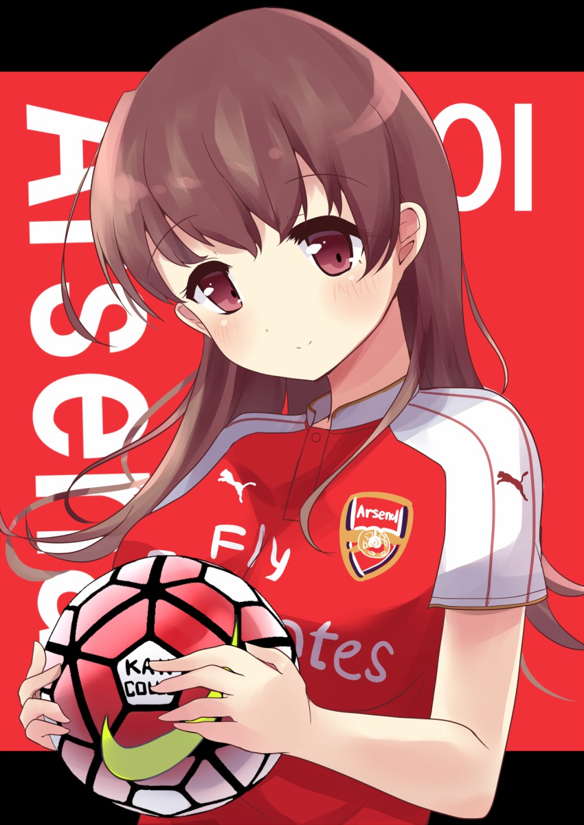 10s 1girl arsenal_fc ball barclays_premier_league brown_eyes brown_hair england english_text female_focus highres holding holding_ball kantai_collection long_hair looking_at_viewer ooi_(kancolle) smile soccer soccer_uniform solo soramuko sportswear upper_body