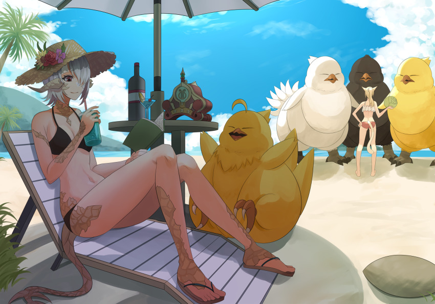 2girls animal_ears ass au_ra beach beach_chair beach_umbrella bikini black_bikini blonde_hair book bottle breasts cat_ears cat_tail cleavage closed_mouth cocktail_glass cup dragon_horns dragon_tail drinking_glass drinking_straw fat_chocobo final_fantasy final_fantasy_xiv frilled_bikini frills from_behind full_body hair_over_one_eye highres holding holding_book horns large_breasts miqo&#039;te mountainous_horizon multiple_girls navel ocean ojiki open_book palm_tree radio reading red_bikini red_eyes sandals scales shadow sitting smile stomach swimsuit tail toes tree umbrella warrior_of_light_(ff14) white_bikini white_hair wine_bottle