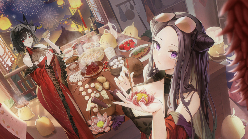 2girls absurdres aerial_fireworks architecture azur_lane black_hair bowl braid breasts brown_hair chien_wu_(azur_lane) chili_pepper chinese_commentary chopsticks cleavage commentary_request cone_hair_bun cup double_bun dress dumpling east_asian_architecture eyewear_on_head fireworks fish flower flower-shaped_food food garlic glass_bottle grin hai_yung_(azur_lane) hair_bun highres holding holding_bowl holding_food holding_ladle jiaozi knife ladle lantern lantern_festival looking_at_viewer lotus manjuu_(azur_lane) md5_mismatch multiple_girls official_art pastry potato purple_eyes red_dress red_eyes red_pepper revision sky_lantern smile soup_ladle steam steamed_bun tomato yaomiaomiao