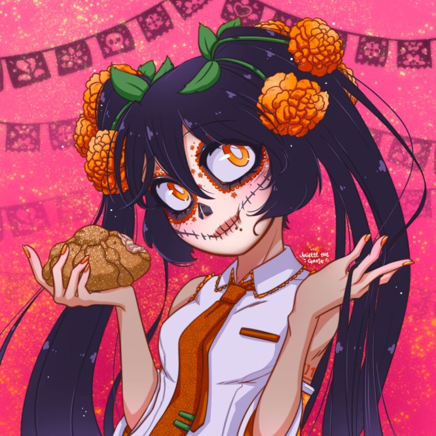 1girl black_hair bread breasts cempoalxochitl dia_de_muertos flower food hair_flower hair_ornament hatsune_miku july_the_ghost mexico nail_polish orange_eyes pan_de_muerto papel_picado solo twintails vocaloid