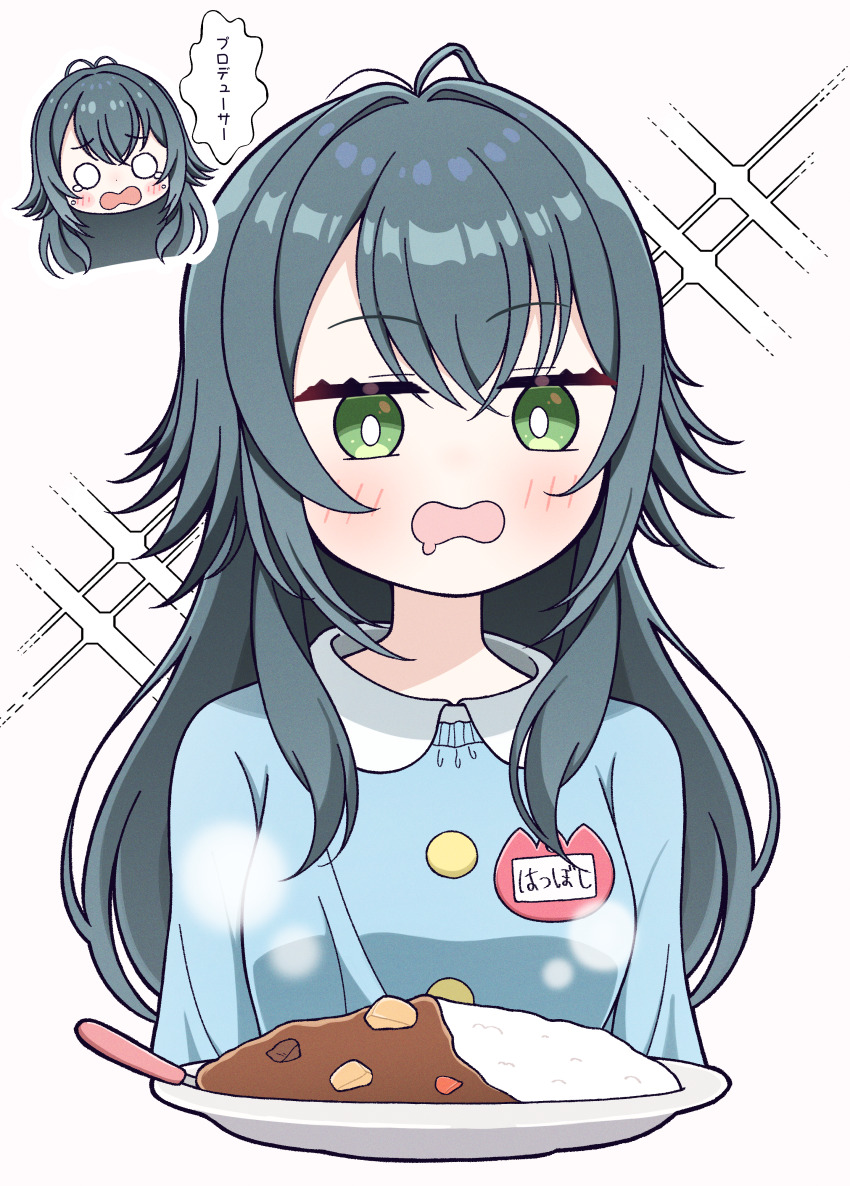 1girl absurdres antenna_hair blue_shirt blush bright_pupils chibi chibi_inset commentary_request cropped_torso crying crying_with_eyes_open curry curry_rice drooling food gakuen_idolmaster green_eyes green_hair hair_flaps highres idolmaster kindergarten_uniform long_hair looking_at_food mouth_drool name_tag o_o poryuyee rice shirt smock steam tears translation_request tsukimura_temari upper_body very_long_hair white_pupils