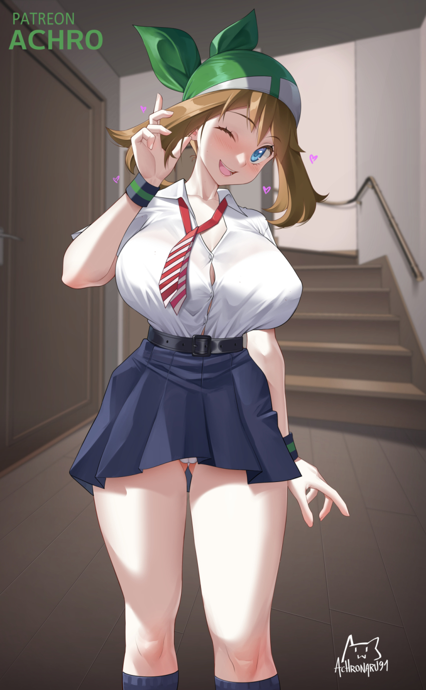 1girl achromaru alternate_costume arm_at_side artist_logo bandana belt black_belt blue_eyes blue_skirt blue_socks blurry blurry_background blush breasts brown_hair clothes_lift collared_shirt creatures_(company) diagonal-striped_clothes diagonal-striped_necktie dress_shirt feet_out_of_frame game_freak gluteal_fold green_bandana hand_up head_tilt heart high-waist_skirt highres indoors kneehighs large_breasts logo long_hair looking_at_viewer loose_necktie may_(pokemon) necktie nintendo one_eye_closed open_mouth panties pantyshot patreon_username pleated_skirt pokemon pokemon_emerald pokemon_rse red_necktie school_uniform shirt shirt_tucked_in short_sleeves skirt skirt_lift smile socks solo stairs standing striped_clothes striped_necktie sweatband teeth underwear upper_teeth_only white_panties white_shirt wind wind_lift wink wristband