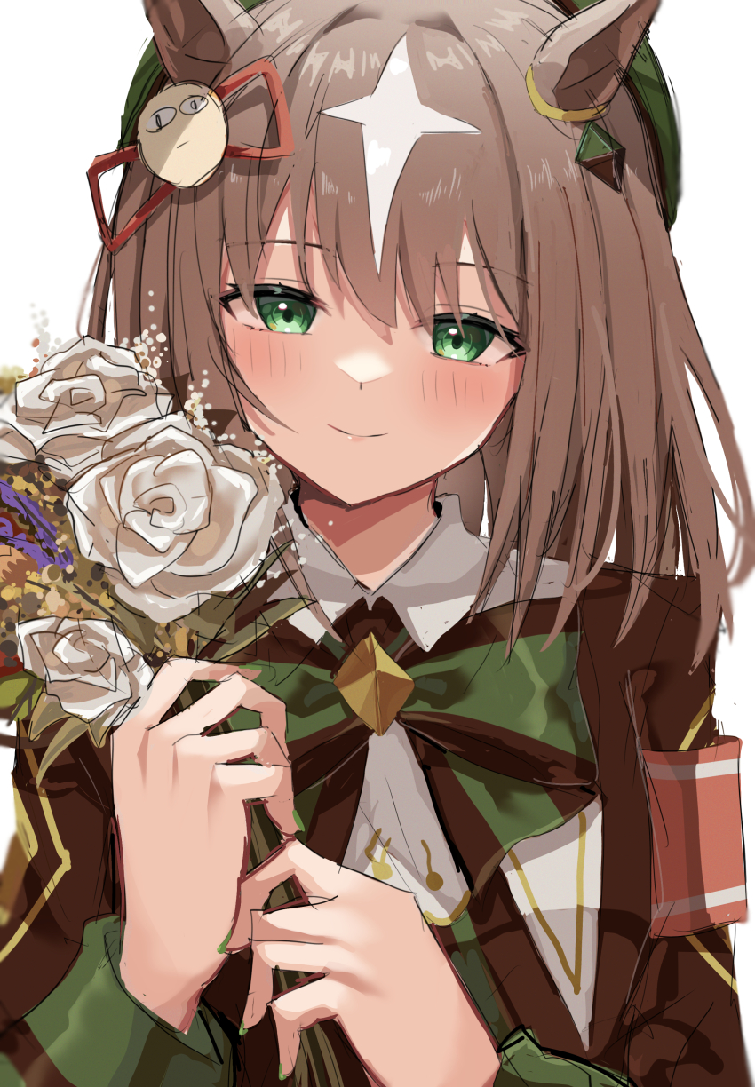 absurdres animal_ears blush brown_hair collared_shirt diamond_(shape) flower gintama green_eyes green_ribbon hat highres horse_ears horse_girl just_a_way_(racehorse) justaway light_smile looking_at_viewer mare_ma medium_hair multicolored_hair original ribbon shirt umamusume white_flower