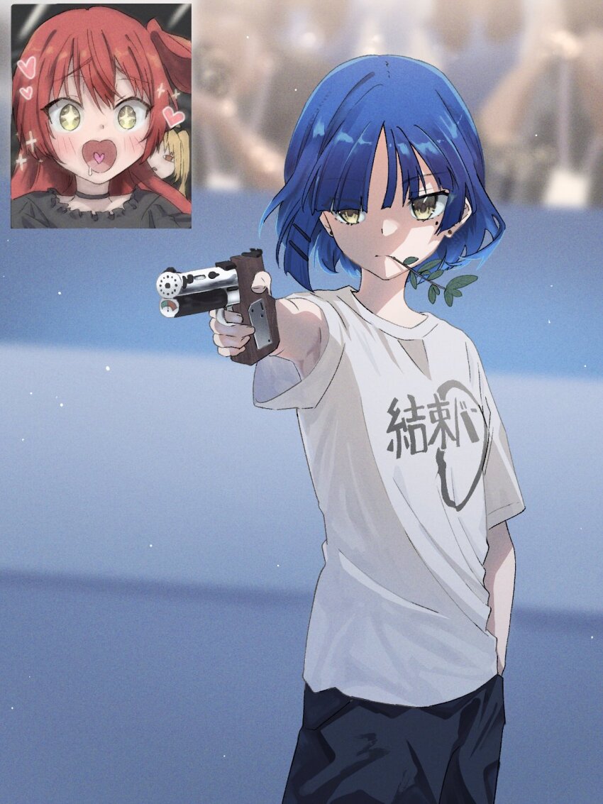 +_+ 2024_summer_olympics 2girls armpit_peek black_choker blonde_hair blue_hair blurry blurry_background blush bocchi_the_rock! choker commentary_request day depth_of_field drooling expressionless gun hair_between_eyes hair_ornament hand_in_pocket heart heart_in_mouth highres holding holding_gun holding_weapon ijichi_nijika inset kita_ikuyo long_hair mole mole_under_eye multiple_girls noboru_imae one_side_up red_eyes red_hair shirt short_hair weapon yamada_ryo yellow_eyes yusuf_dikec