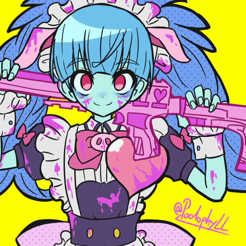 1girl akiba_maid_sensou alternate_costume animal_ears aqua_skin assault_rifle blood blue_hair bow bowtie colored_skin commentary_request cosplay fake_animal_ears gun heart holding holding_gun holding_weapon hoshikawa_lily long_hair looking_at_viewer m4_carbine maid pig_ears pink_blood red_eyes rifle saw92 signature simple_background smile solo tanaka_minami_(voice_actor) twintails voice_actor_connection weapon yellow_background yumechi_(akiba_maid_sensou) yumechi_(akiba_maid_sensou)_(cosplay) zombie_land_saga