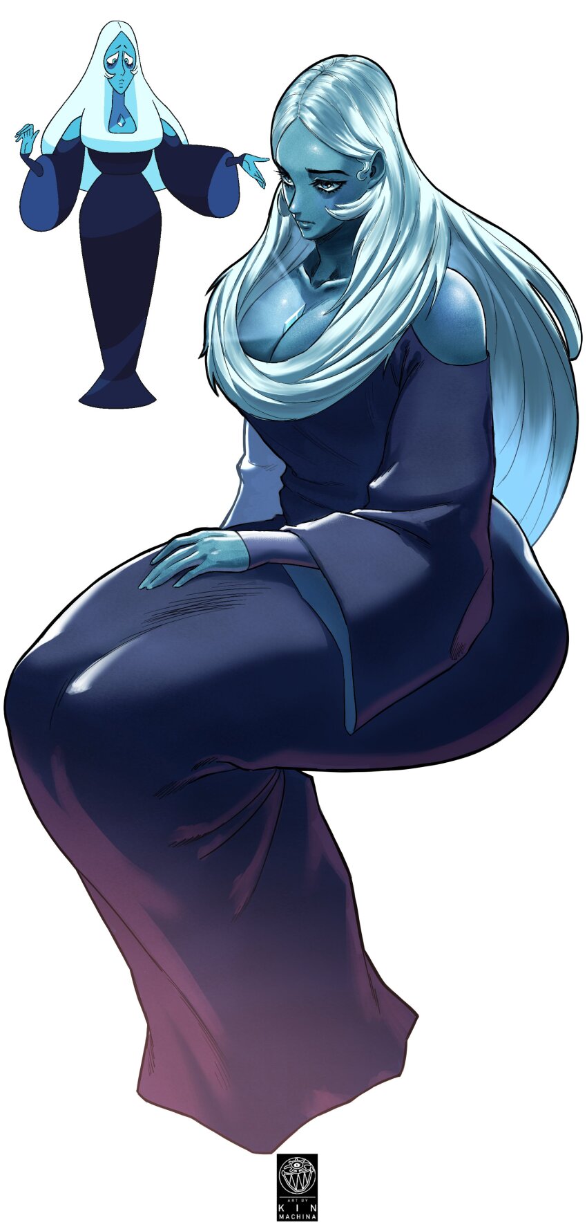 1girl 737_kin alien artist_logo artist_name blue_diamond_(steven_universe) blue_dress blue_eyes blue_hair blue_skin breasts clothing_cutout colored_skin curvy diamond_(gemstone) dress forehead hand_on_own_thigh huge_breasts light_rays logo long_sleeves mature_female shoulder_cutout sitting steven_universe thick_thighs thighs white_background