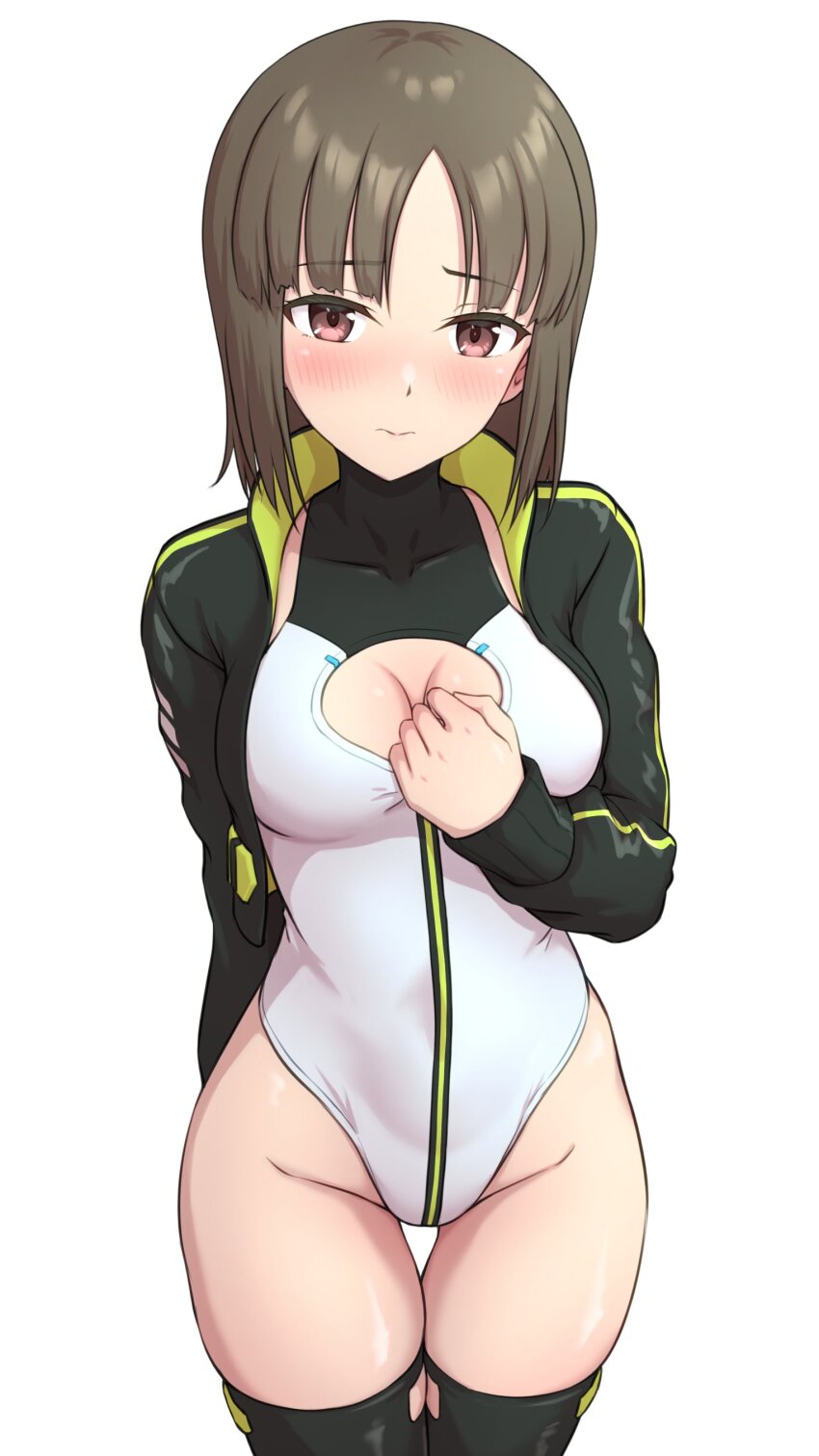 1girl absurdres alice_gear_aegis black_jacket black_thighhighs brown_eyes brown_hair circle_cutout cleavage_cutout clothing_cutout companion/af covered_collarbone front_zipper full-length_zipper futami_kyouko heattech_leotard highleg highleg_leotard highres hutokumi jacket leotard looking_at_viewer race_queen short_hair sleeveless_turtleneck_leotard solo thigh_gap thighhighs turtleneck two-tone_leotard white_leotard zipper zipper_leotard zipper_pull_tab