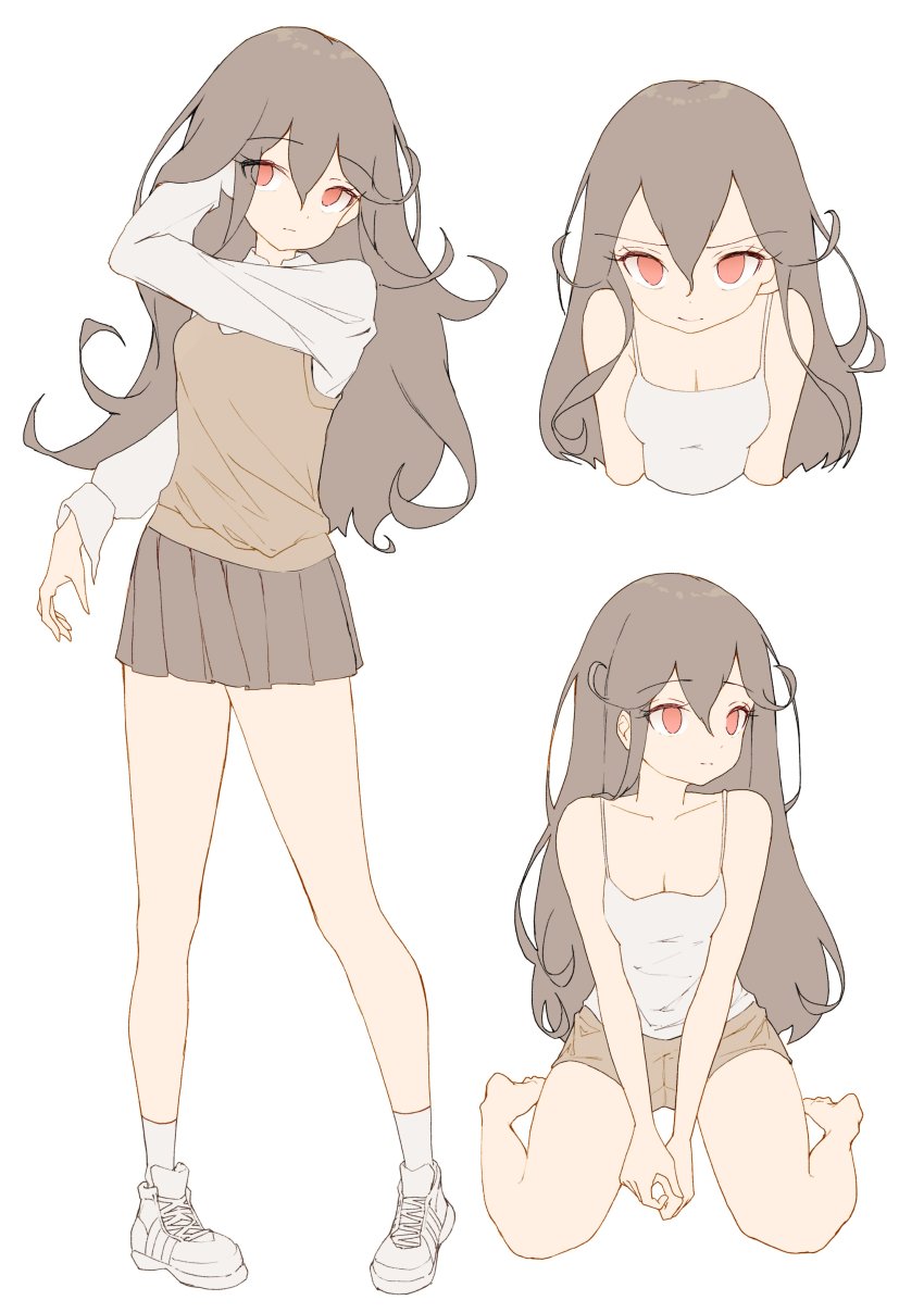 1girl absurdres bare_legs brown_hair character_sheet dduck_kong highres long_hair miniskirt multiple_views no_pupils orange_eyes school_uniform sketch skirt tank_top white_background