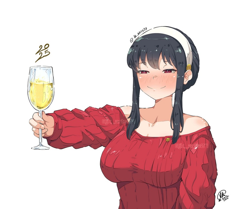 1girl alcohol black_hair blush breasts champagne closed_mouth cup drinking_glass drunk hairband holding holding_cup jk_arts large_breasts nose_blush outstretched_arm red_eyes red_sweater simple_background smile solo spy_x_family sweater twitter_username white_background white_hairband yor_briar