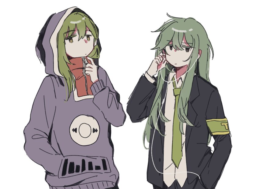 1boy 1girl black_jacket collared_shirt commentary cosplay costume_switch green_necktie headphones highres hood hood_up hoodie jacket kagerou_project keicorporationz kido_tsubomi kido_tsubomi_(cosplay) lobotomy_corporation look-alike looking_at_viewer necktie netzach_(project_moon) netzach_(project_moon)_(cosplay) project_moon purple_hoodie shirt white_shirt wing_collar